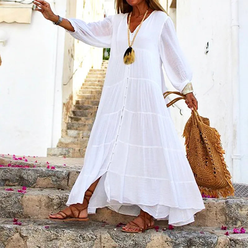 Women's Long Sleeve Dresses 2025 Summer Autumn Cotton Linen Long Dress Vestido Azules Vestido Playa Mujer Vestido Largo