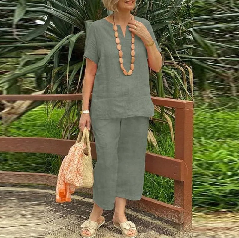Women's Cotton Linen Summer 2Pcs/Sets Suit 2024 Casual Loose V-neck Short Sleeve Wide Leg Pants Solid Color Fashion Ladies Suit