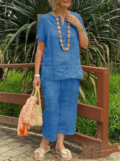 Women's Cotton Linen Summer 2Pcs/Sets Suit 2024 Casual Loose V-neck Short Sleeve Wide Leg Pants Solid Color Fashion Ladies Suit