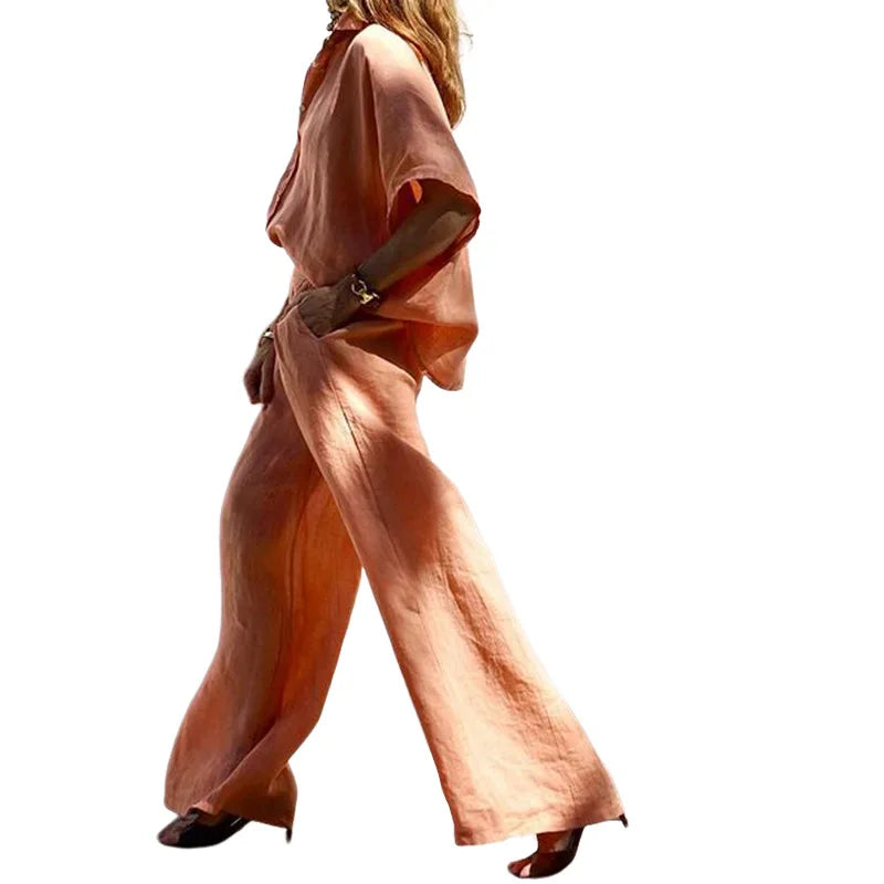 Two Piece Pant Sets Women Shirt Tops Cardigan Wide Leg Pants Solid Single Breasted Full Sleeve Blouses Casual Spring Summer