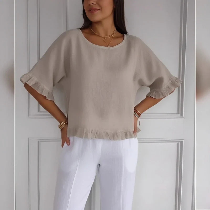 Summer New Seven-quarter-sleeved Women's Round Neck Loose T-shirt Fashionable Solid Color Breathable Lace Top Ladies Clothes
