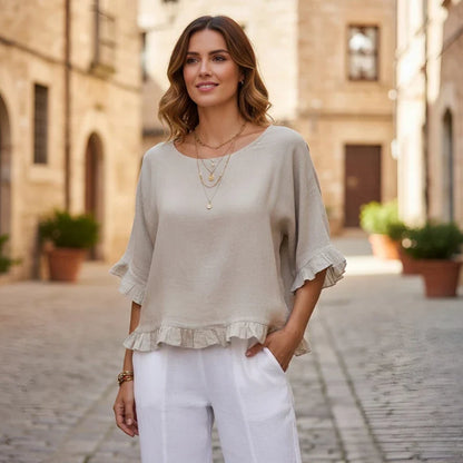 Summer New Seven-quarter-sleeved Women's Round Neck Loose T-shirt Fashionable Solid Color Breathable Lace Top Ladies Clothes