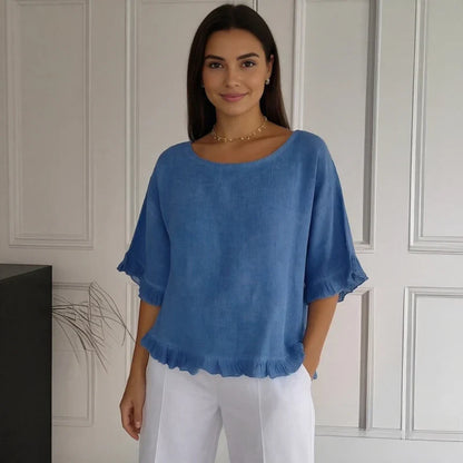 Summer New Seven-quarter-sleeved Women's Round Neck Loose T-shirt Fashionable Solid Color Breathable Lace Top Ladies Clothes