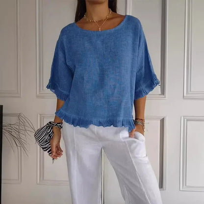 Summer New Seven-quarter-sleeved Women's Round Neck Loose T-shirt Fashionable Solid Color Breathable Lace Top Ladies Clothes