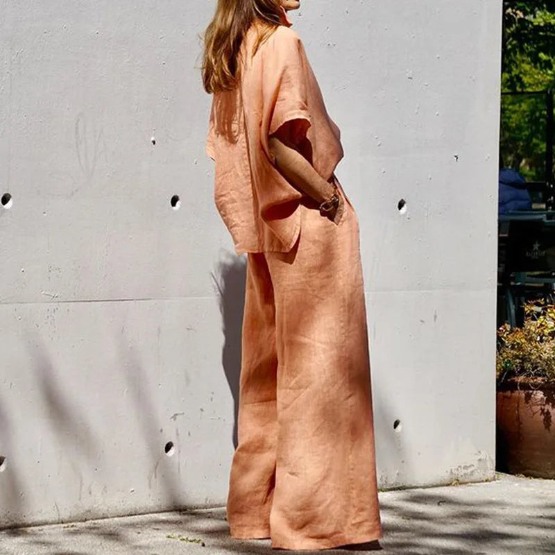 Two Piece Pant Sets Women Shirt Tops Cardigan Wide Leg Pants Solid Single Breasted Full Sleeve Blouses Casual Spring Summer