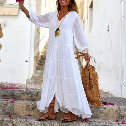Women's Long Sleeve Dresses 2025 Summer Autumn Cotton Linen Long Dress Vestido Azules Vestido Playa Mujer Vestido Largo