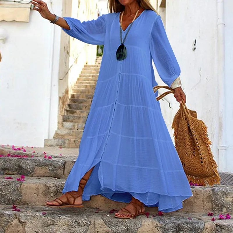 Women's Long Sleeve Dresses 2025 Summer Autumn Cotton Linen Long Dress Vestido Azules Vestido Playa Mujer Vestido Largo